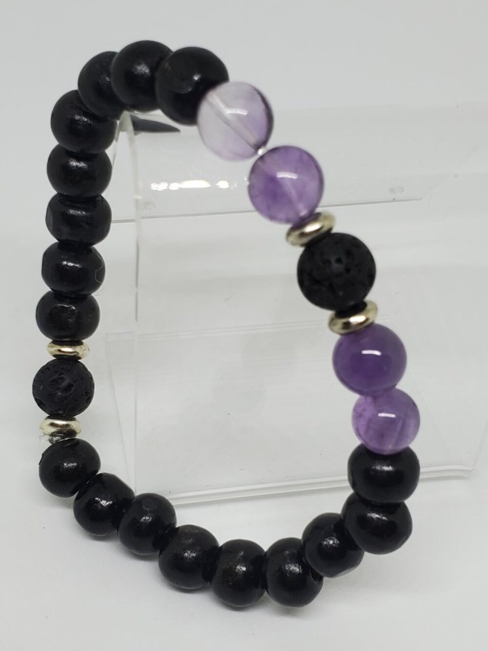 Black Lava Stone, Natural Amethyst Focal Beads & Wood Beads Stretch Bracelet
